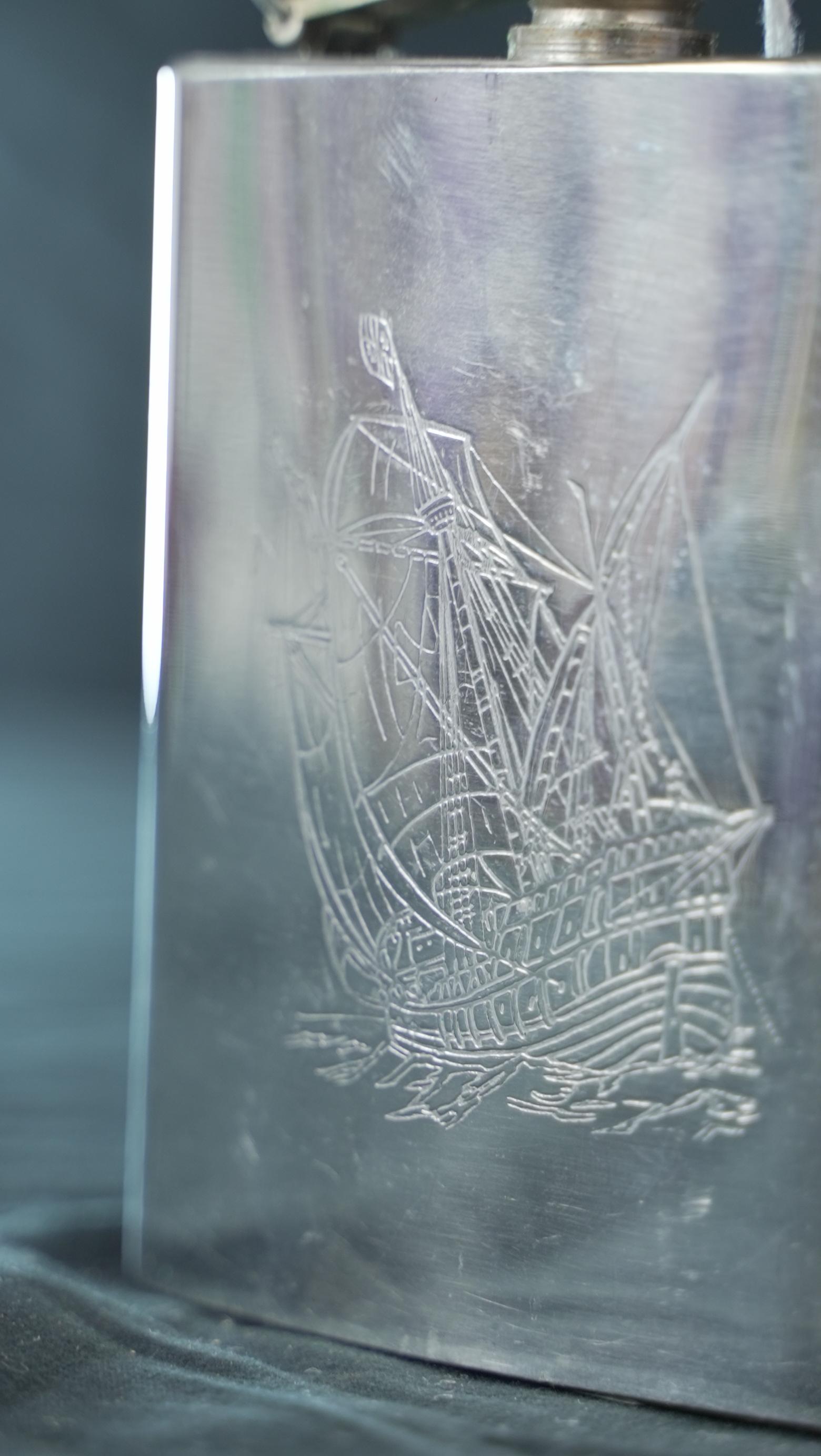 WHISKEY FLASK WITH ENGRAVED SHIP