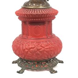 RAREST  PAVILLION PATTERN RED SATIN OIL LAMP BASE