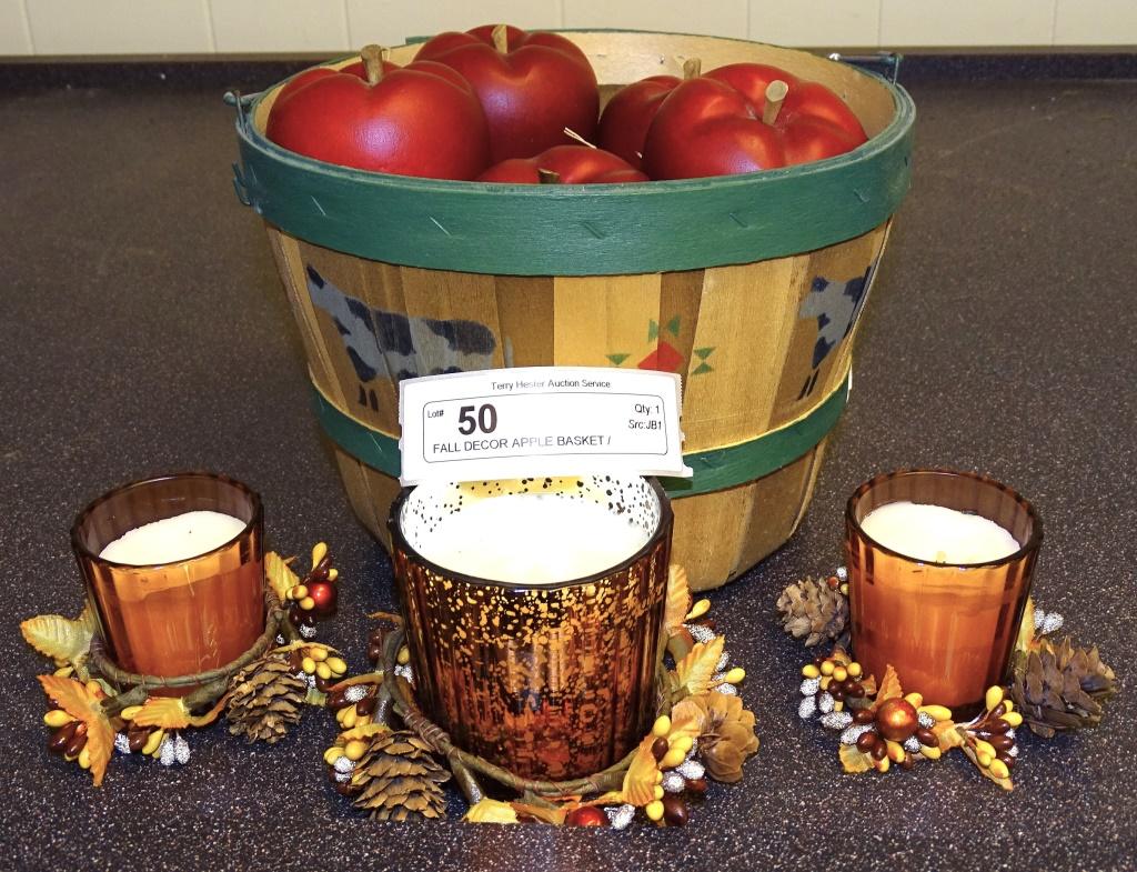 FALL DECOR APPLE BASKET / WOODEN APPLES & CANDLES