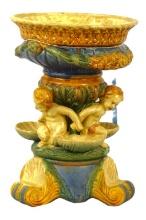 VINTAGE LARGE MAJOLICA PUTTI CHERUB BIRD BATH 14"