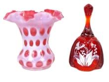 FENTON GLASS CRANBERRY & HAND PAINTED BELLRED