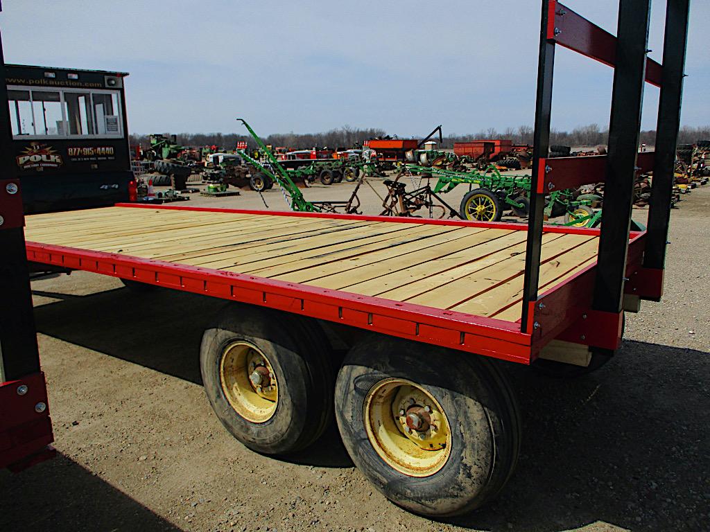 13434-20'L X 8'W WHITE OAK FLAT RACK WAGON W/ STANDARD AND TANDEM AXLE RUNNING GEAR