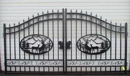 14' BI-PARTING WROUGHT IRON GATE - w/ DEER ARTWORK CENTER