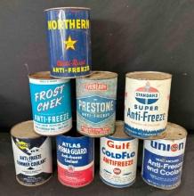 (8) MISC. VINTAGE OIL CANS - 1 IS FULL
