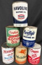 (6) MISC. VINTAGE QUART OIL CANS - SOME ARE FULL