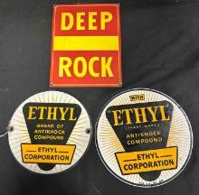 (2) ETHYL & 9!) DEEP ROCK PORCELAIN SIGNS