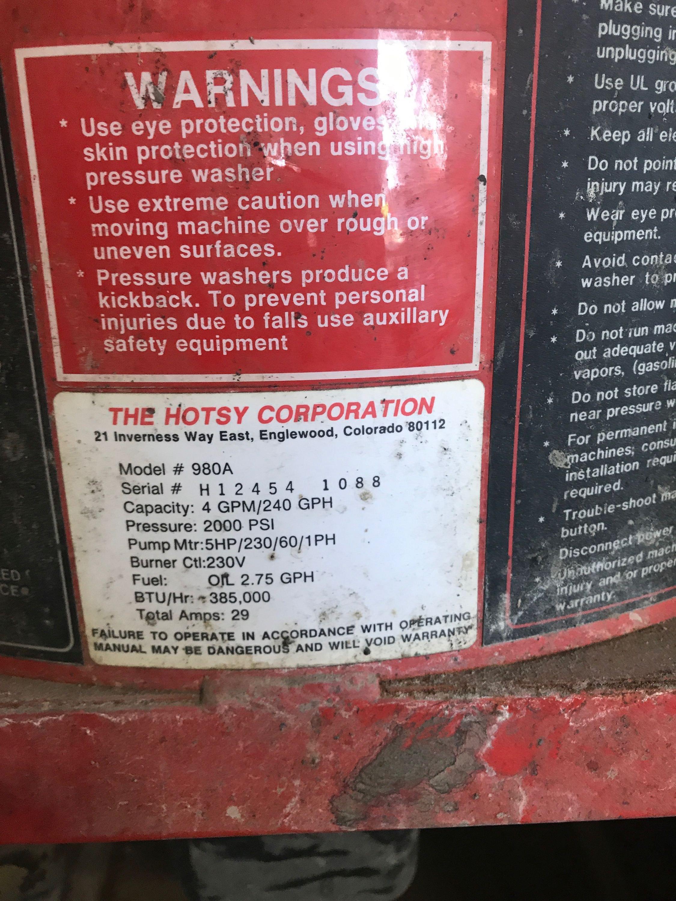 Hotsy 980A Power Washer 2000 PSI, 4 GPM, Dsl. Burner, 230V, Single Phase