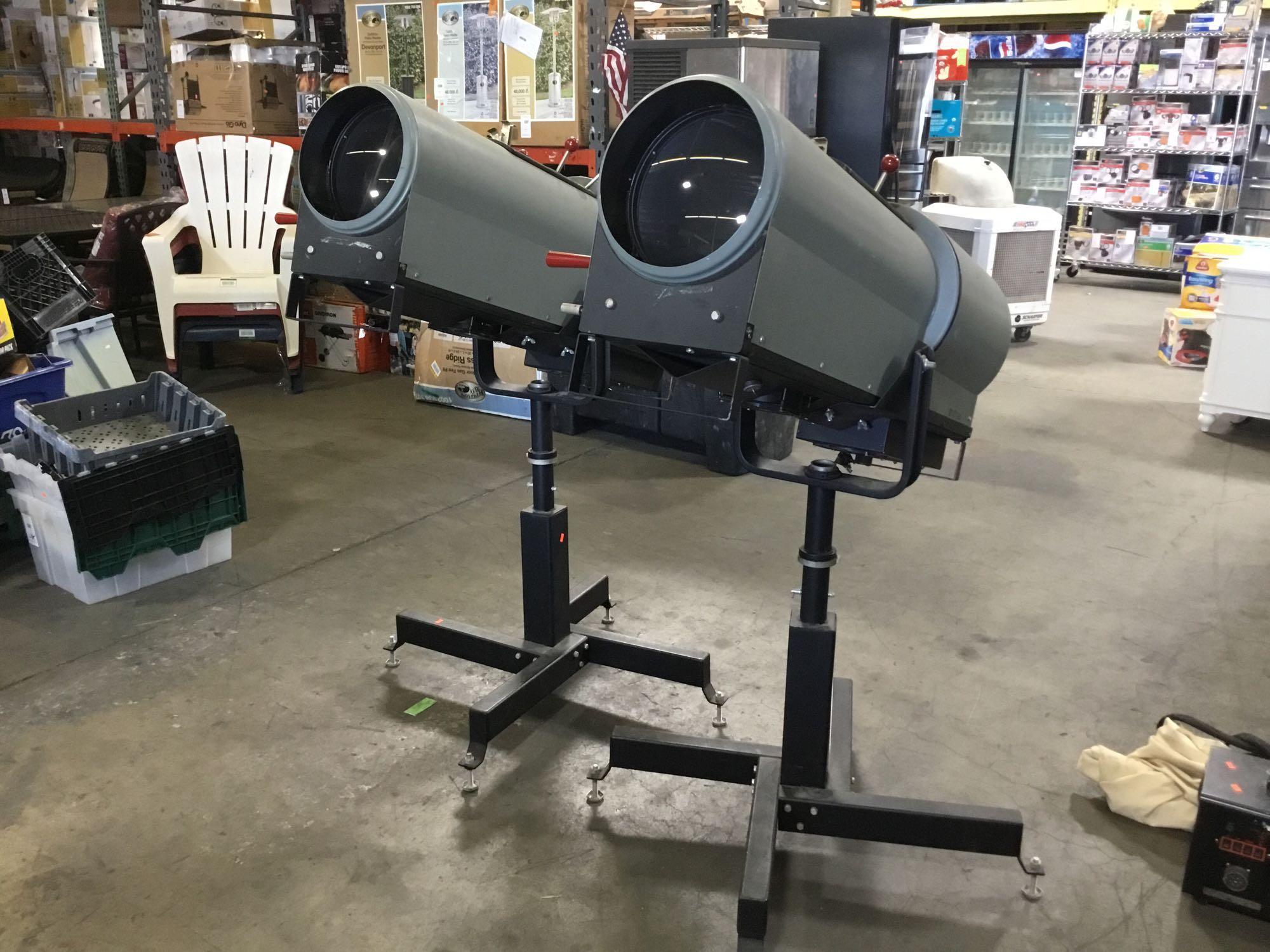 (2) Strong 575 Series Followspot Spotlights on Non Rolling Stands