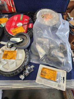 Box Lot of Assorted Cart Wheels and Pipe Clamps and Cutters