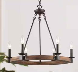 Farmhouse Wagon Wheel Chandelier, 6-Light Distressed Wood Circle Island Light