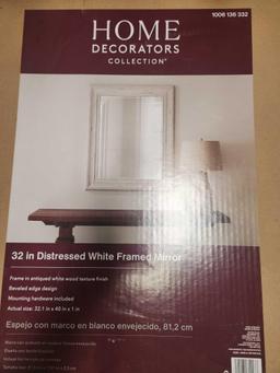 32in Distressed White Framed Mirror
