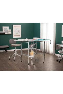 MDF Folding Fabric Cutting Table, Drawers, Grid and Guides Top, Adjustable Height, Silver/White