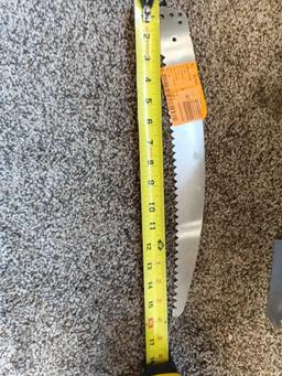 BOX LOT OF (4) MACHETE 1SAW BLADE 1SUGAR CANE KNIFE 1 SAW