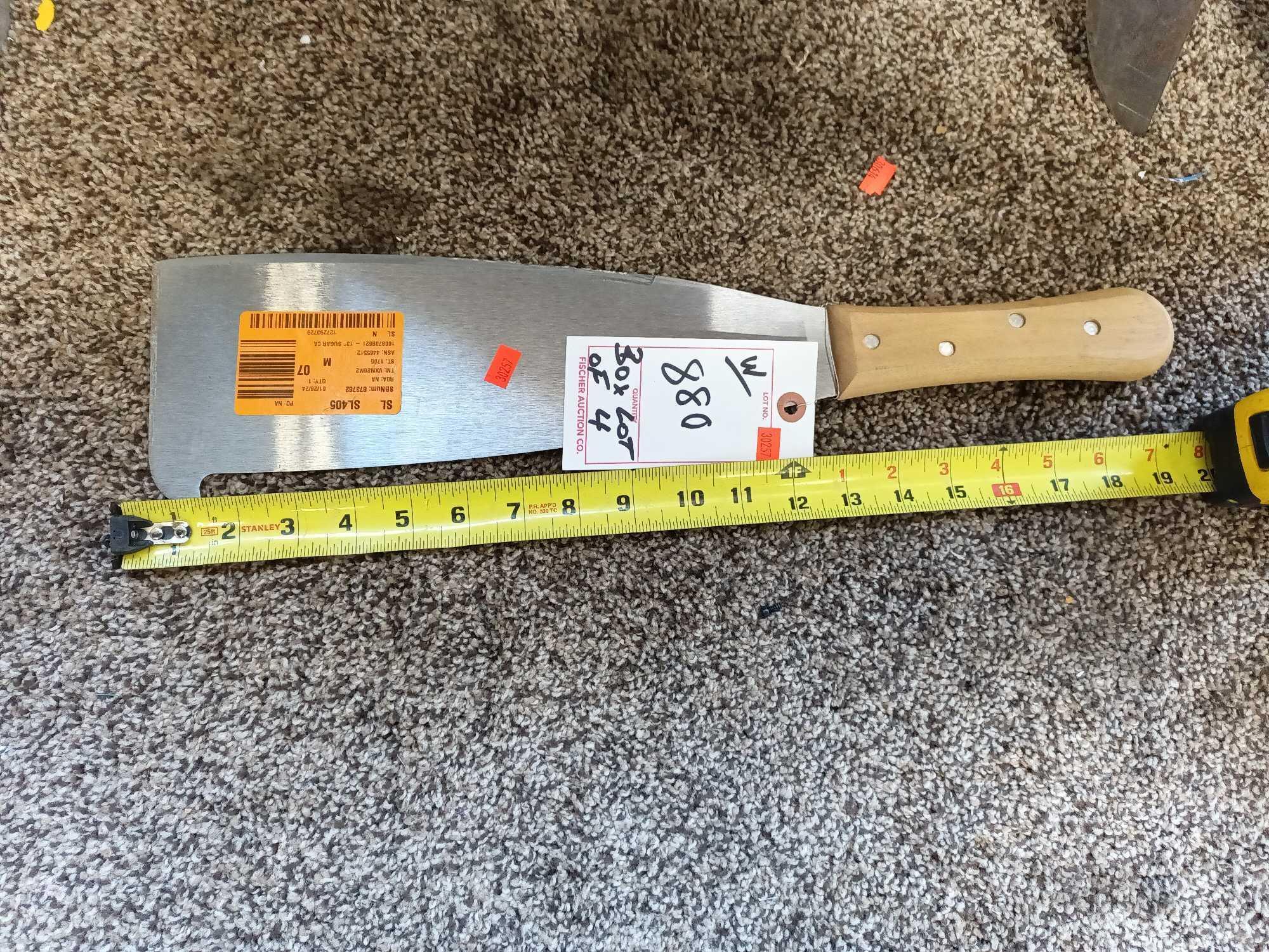 BOX LOT OF (4) MACHETE 1SAW BLADE 1SUGAR CANE KNIFE 1 SAW