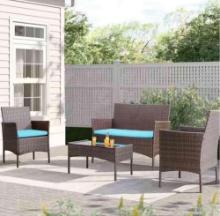 Brown 4-Pieces Wicker Outdoor Patio Conversation Furniture Sets Rattan Chair Wicker Set with Blue