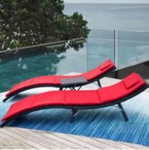3-Pieces Steel Frame Poolside Folding Chairs Wicker Outdoor Chaise Lounge Chair with Red Cushion