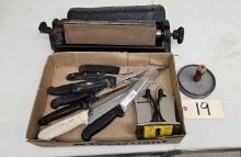 Assortment of Knives, Knife Sharpener & Patty Press