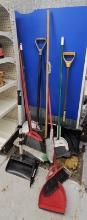 Assortment of  Brooms, Shovels & Chisel