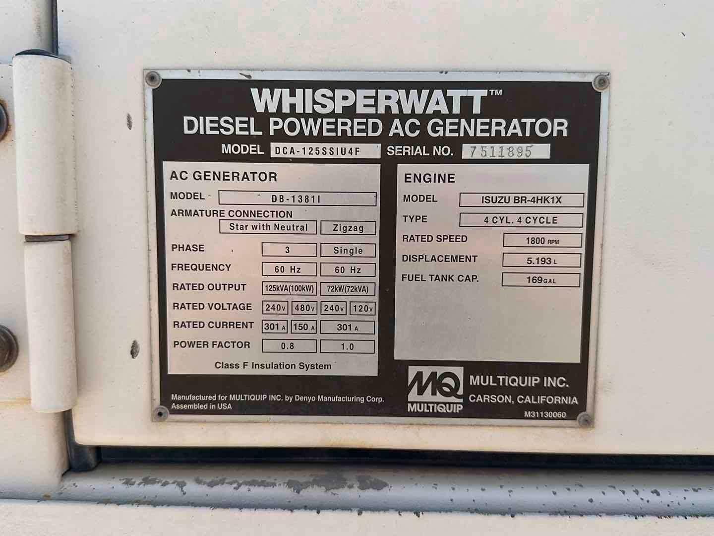 2016 S & B TRAILER 125KW MULTIQUIP GENERATOR