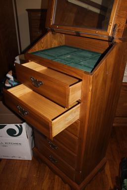 Solid Oak 6 Drawer Cabinet with top jewelry compartment  57" H x 24" x 17"