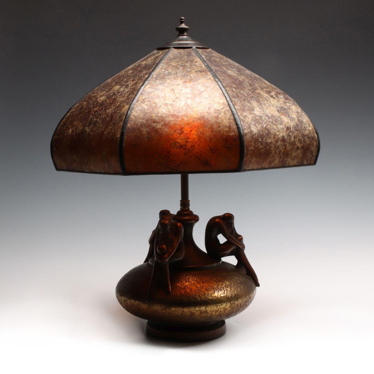 A POTTERY LAMP WITH NUDE FIGURES SIGNED OLIVE KOOKEN