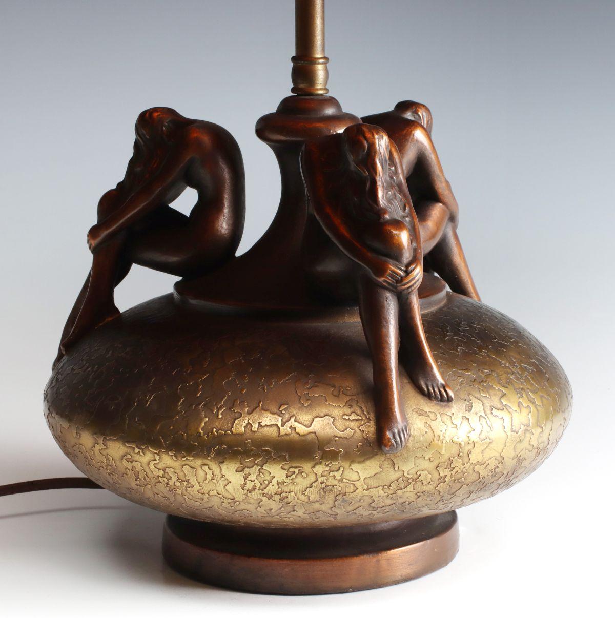 A POTTERY LAMP WITH NUDE FIGURES SIGNED OLIVE KOOKEN