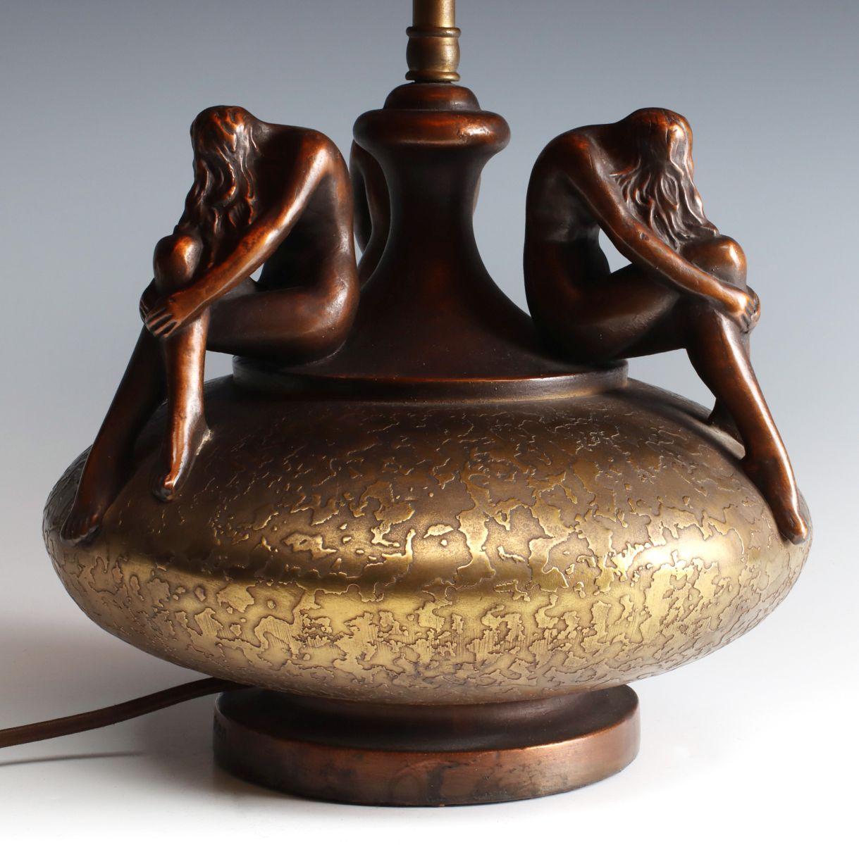 A POTTERY LAMP WITH NUDE FIGURES SIGNED OLIVE KOOKEN