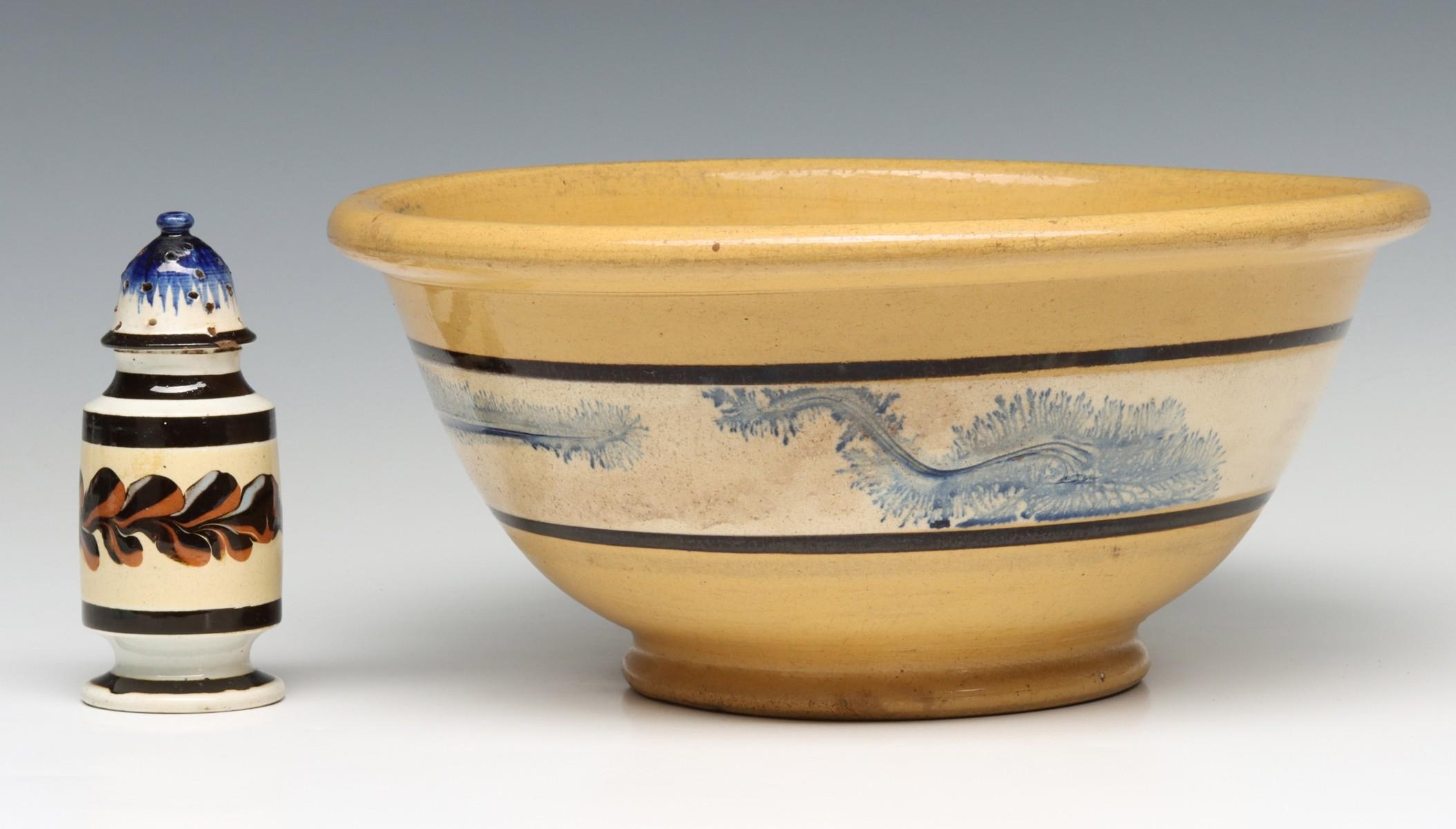 MOCHAWARE PEPPER POT AND YELLOW WARE BOWL WITH SEAWEED