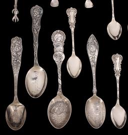 STERLING SILVER AND OTHER SPOONS INCL SOUVENIR SPOONS