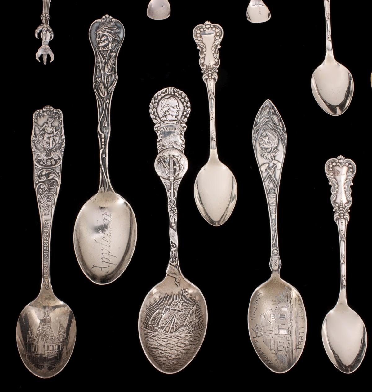 STERLING SILVER AND OTHER SPOONS INCL SOUVENIR SPOONS
