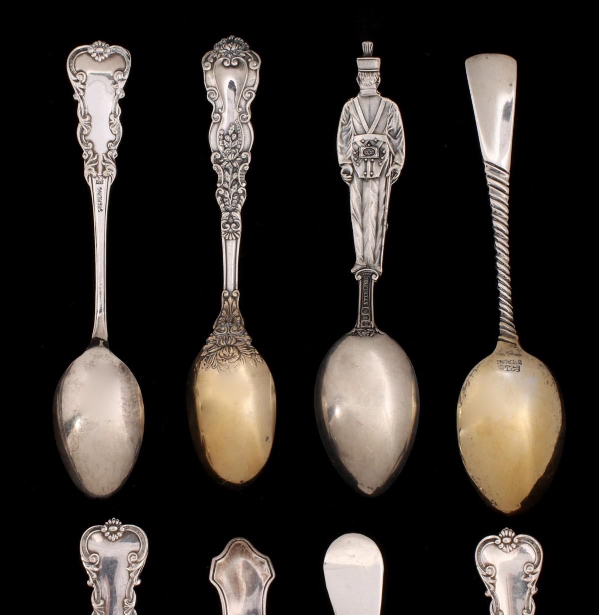 STERLING SILVER AND OTHER SPOONS INCL SOUVENIR SPOONS