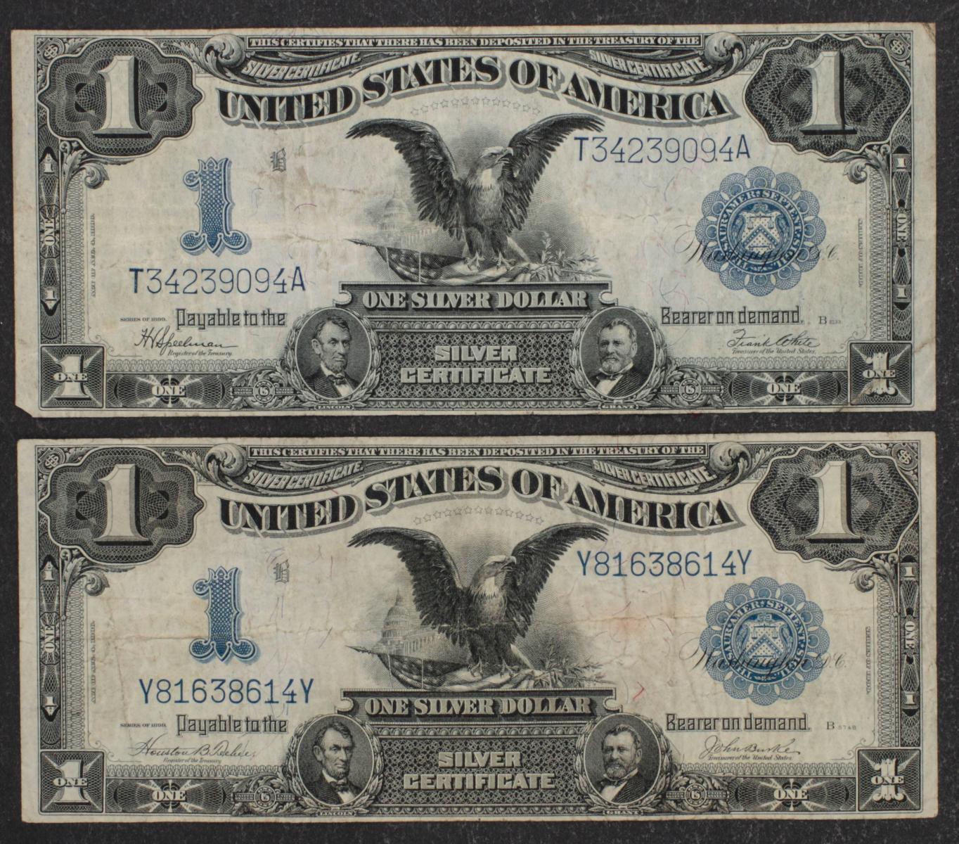 TWO DIFFERENT 1899 U.S. ONE DOLLAR SILVER CERTIFICATES