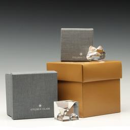 STEUBEN CRYSTAL HAND COOLER AND PAPERWEIGHT W/ BOXES