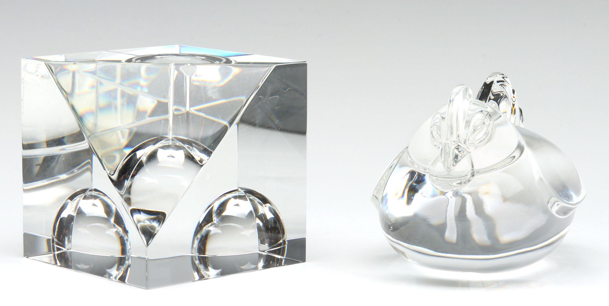 STEUBEN CRYSTAL HAND COOLER AND PAPERWEIGHT W/ BOXES