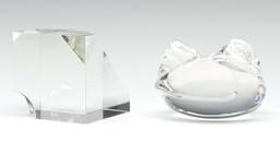 STEUBEN CRYSTAL HAND COOLER AND PAPERWEIGHT W/ BOXES