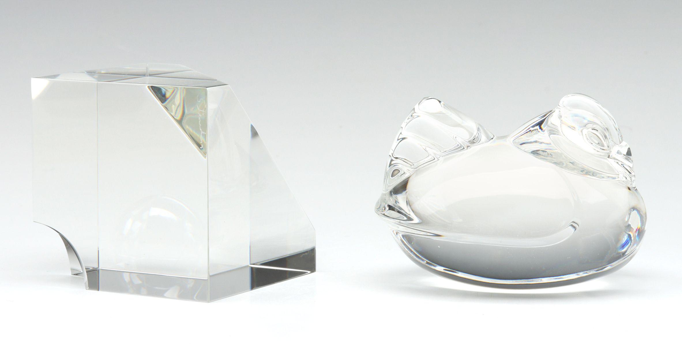STEUBEN CRYSTAL HAND COOLER AND PAPERWEIGHT W/ BOXES
