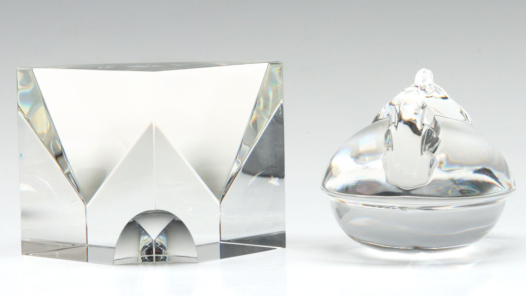 STEUBEN CRYSTAL HAND COOLER AND PAPERWEIGHT W/ BOXES