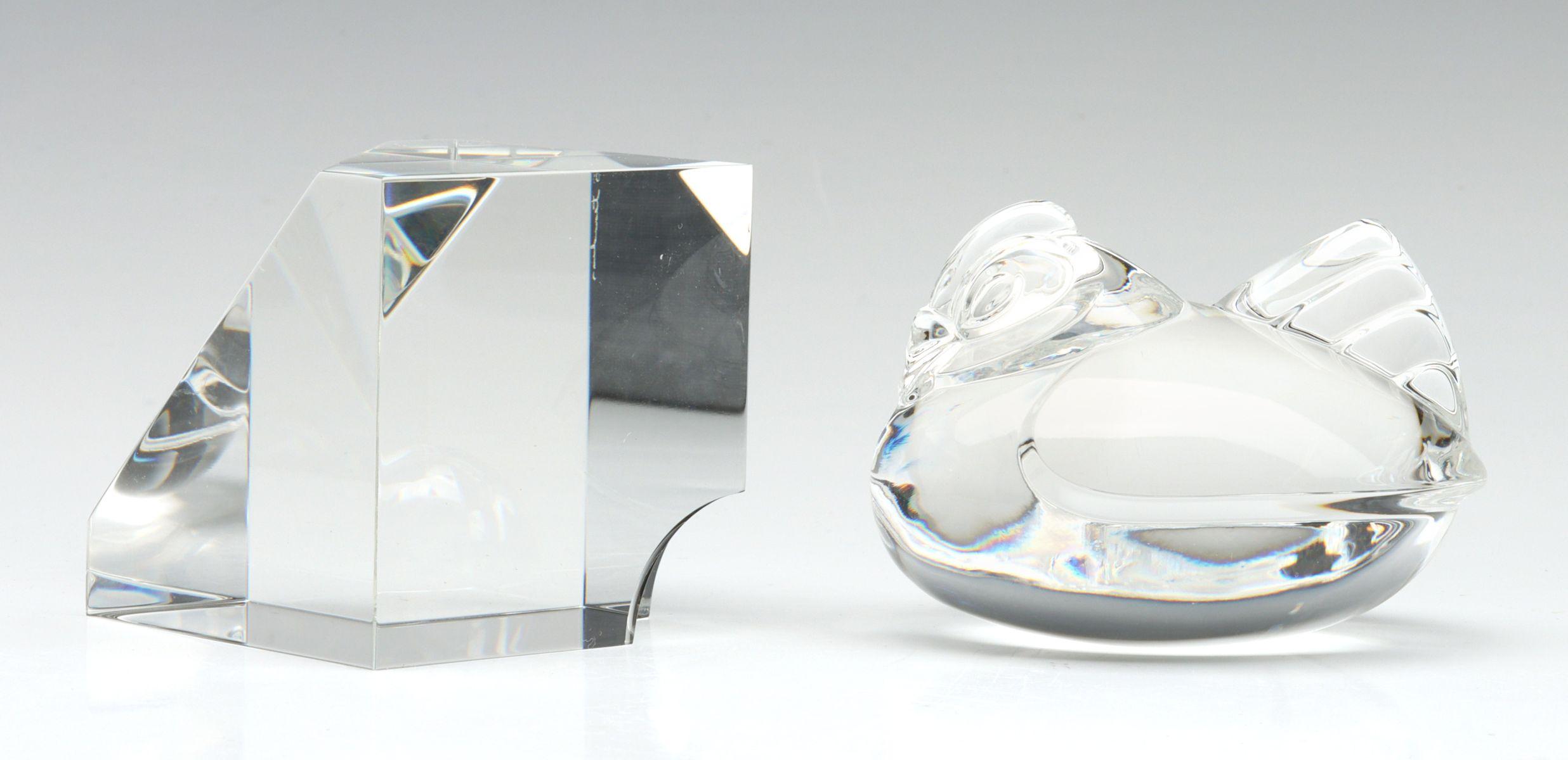 STEUBEN CRYSTAL HAND COOLER AND PAPERWEIGHT W/ BOXES