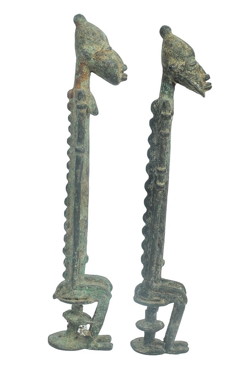 Two RARE Antique African Benin Tribal Bronze Ancestor Figurines  (A)