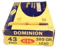 Dominion Manufactured 20 Round Box of 43 Mauser 385 Gr.  (AHI)