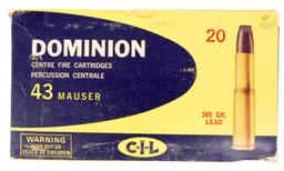 Dominion Manufactured 20 Round Box of 43 Mauser 385 Gr.  (AHI)