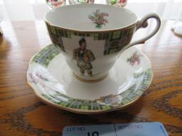BONNIE SCOTLAND ROYAL STANDARD CUP AND SAUCER AND 3 GOLD TRIMMED STEMWARE