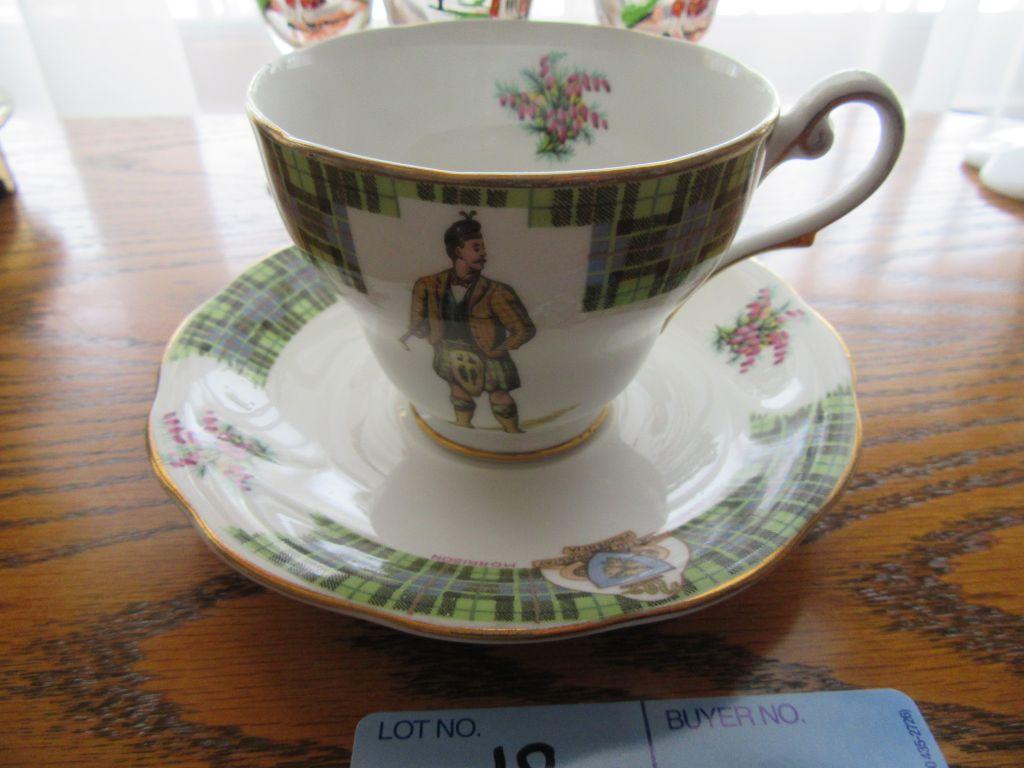 BONNIE SCOTLAND ROYAL STANDARD CUP AND SAUCER AND 3 GOLD TRIMMED STEMWARE