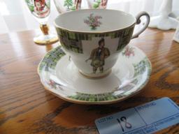 BONNIE SCOTLAND ROYAL STANDARD CUP AND SAUCER AND 3 GOLD TRIMMED STEMWARE