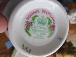 BONNIE SCOTLAND ROYAL STANDARD CUP AND SAUCER AND 3 GOLD TRIMMED STEMWARE