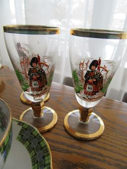 BONNIE SCOTLAND ROYAL STANDARD CUP AND SAUCER AND 3 GOLD TRIMMED STEMWARE