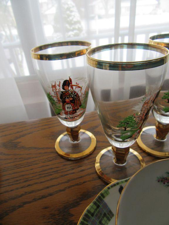 BONNIE SCOTLAND ROYAL STANDARD CUP AND SAUCER AND 3 GOLD TRIMMED STEMWARE