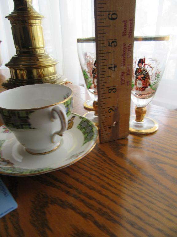 BONNIE SCOTLAND ROYAL STANDARD CUP AND SAUCER AND 3 GOLD TRIMMED STEMWARE