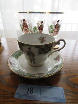 BONNIE SCOTLAND ROYAL STANDARD CUP AND SAUCER AND 3 GOLD TRIMMED STEMWARE