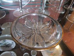 GOLD-RIMMED STEMWARE, POINSETTIA BOWL, AND PLATES